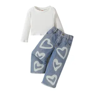 Toddler Girls Clothes 2T 3T 4T 5T Ribbed Baby Kids Girl Denim Outfits Long Sleeve Tops Love Hearts Jeans Pants