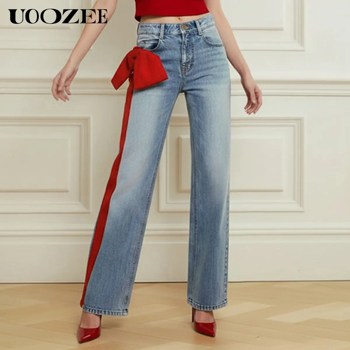 UOOZEE Women's High-Waist Wide-Leg Cotton Bottoms Jeans with Side Stripe & Bow, Versatile Fabric Pairs with Silk Top, Tee, Blazer or Hoodie, Polyester Accents, Valentines Day