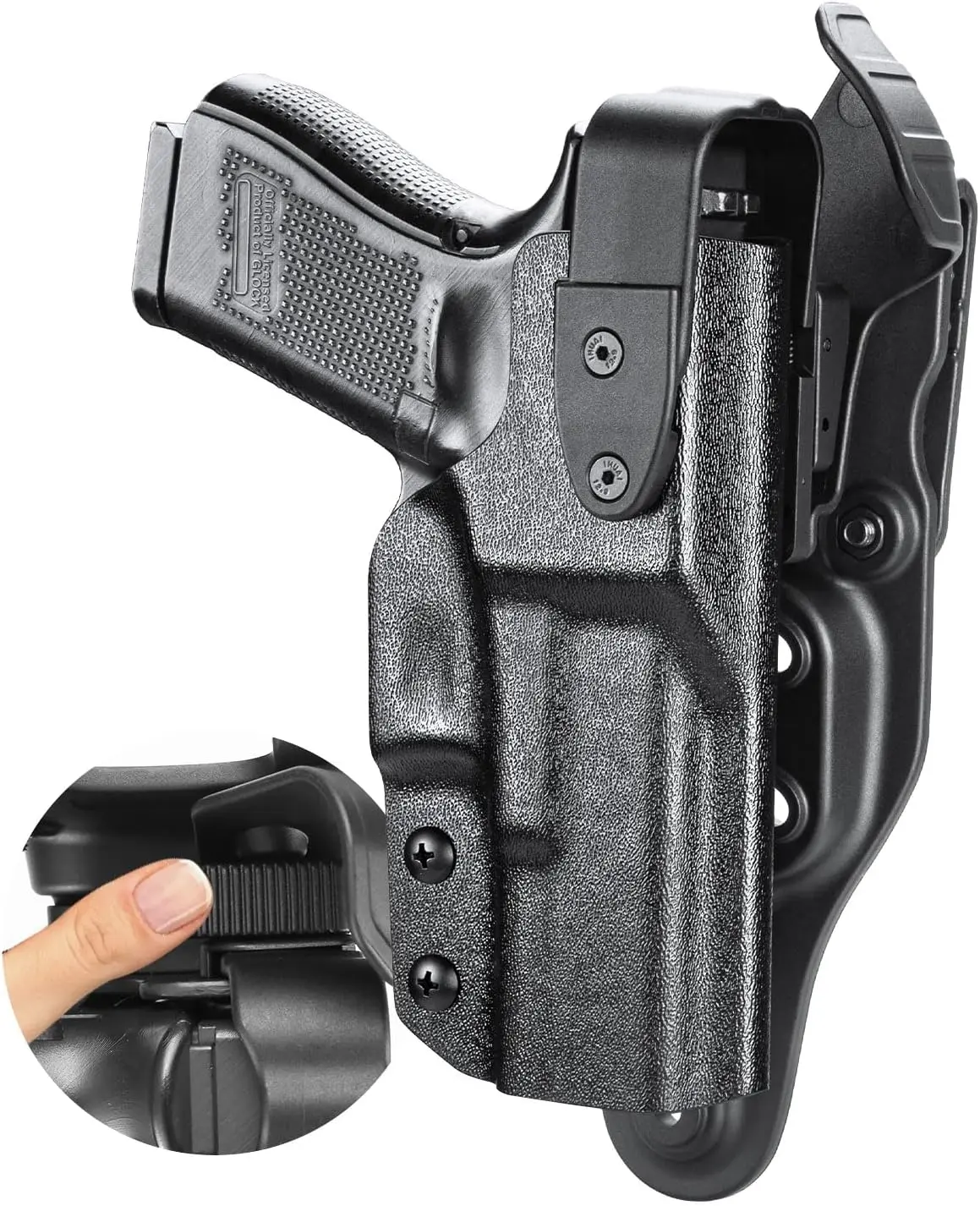 WARRIORLAND Duty Holster Level II Retention w/Hook Guard & Rotating Hood Compatible with Glock 19 19X 44 45 Gen 3 4 5 & G23 32 Gen 3 4, 2.25 Inch Outside Waistband, Adj. Retention&Ride Height, Right, Right Hand, Tactical Accessories, Waterproof, Thumb Rel