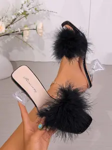 Women's Pink Fluffy Fur Transparent Square Heel Mules, Sandal, Y2K Sweet-Chic Style, Open Toe, Rubber, Perfect for Date & Party Outfits #Y2KSweetShoes, #PinkFluffyMules, #PartyChicHeels