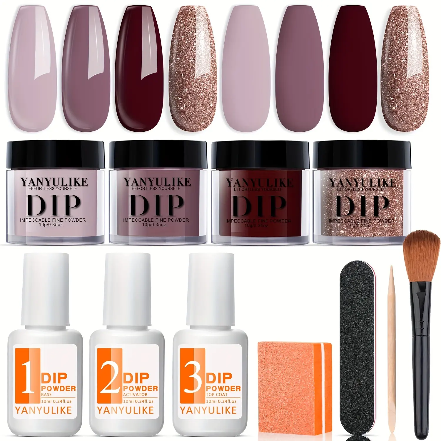 Dip powder, 4-color elegant nude, brown, and shimmer Dipping nail powder starter set, basic liquid set, including primer activator, French nail art DIY, salon integrated beginner set