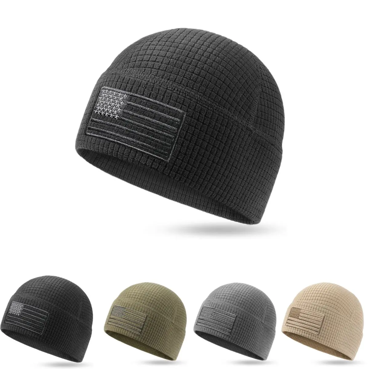 Outdoor Shaping Grid Fleece Beanie with American Flag Embroidery Waffle Skull Cap for Men - 98% Recycled Polyester, Moisture-Wicking, Windproof, Quick Dry, 4-Way Stretch, One Size Fit Most, Ideal for All-Weather Activities