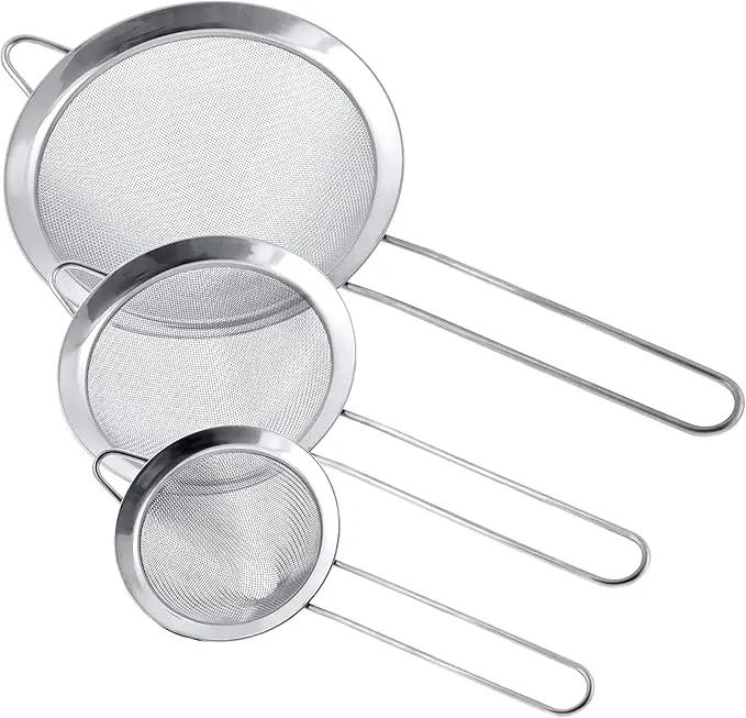 3-piece stainless steel cone filter, available in 3 different diameter sizes (3 inches, 4 inches, 5.5 inches), with solid handle and hook, perfect for juicing, flour, and filtration