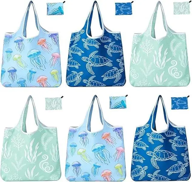 6 Pack Foldable Shopping Bag, Machine Washable Reusable Shopping Bag for Grocery, Travel, Storage