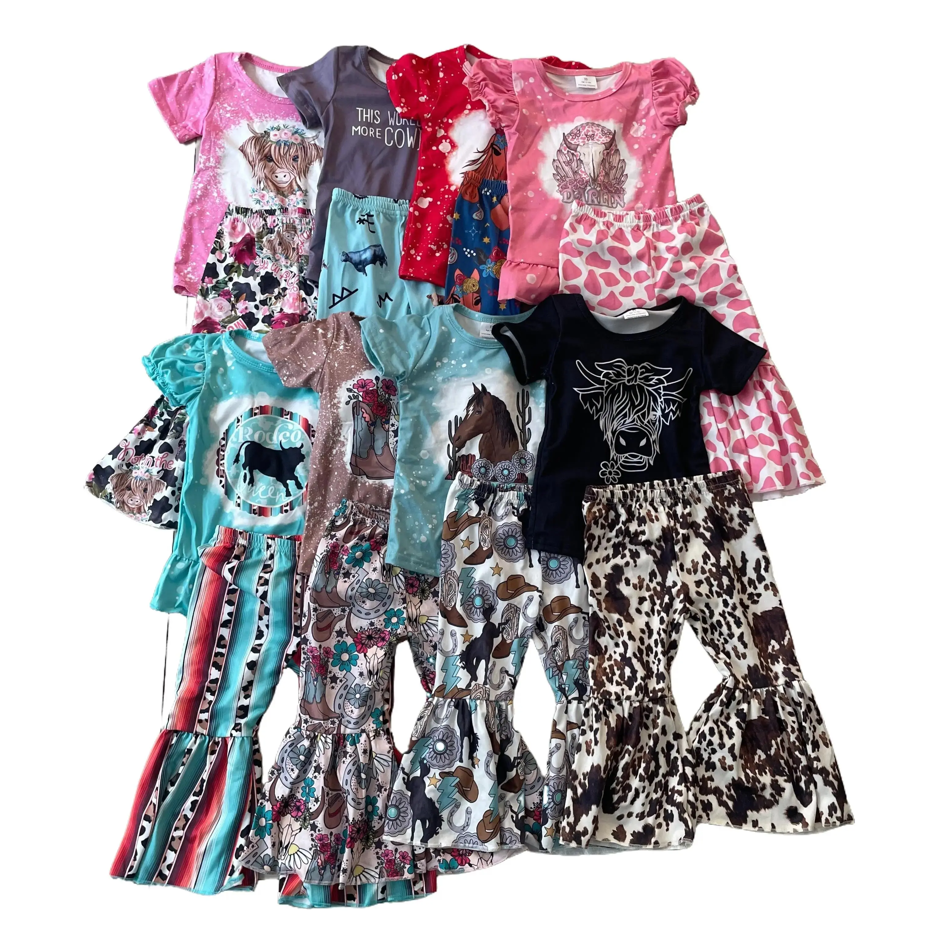 Girls Western Clothing Set, 2-Piece Spring Kids Outfit with Cotton Blend Long Sleeve Top and Cow Print Bell Bottom Pants, Kids Clothing Girls, Graphic Print Set, Clothes Sets, Outfits Set