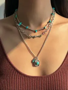 Boho Style Turquoise Decorated Layered Necklace, Vintage Trendy Pendant Necklace, Dangling Charms Necklace, Fashion Jewelry Accessories for Women & Girls As Gift, Vintage Bohemian Jewelry, Multilayer Necklace