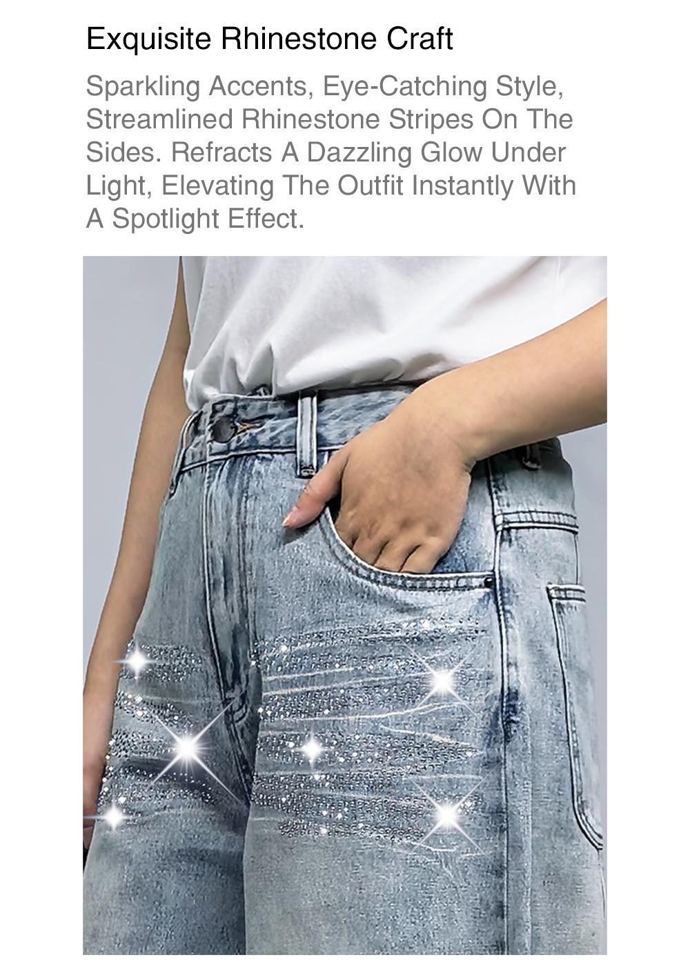 Lux Lee Rhinestone Baggy Barrel Jeans - Vintage Enzyme-Washed Denim, Sparkling Rhinestone Stripes, High-Waisted Tummy Control, Flattering Wide-Leg Fit, Eye-Catching Glittery Street Style For Trendsetters