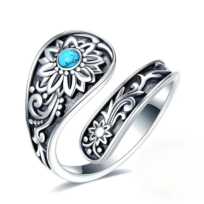 Women’s Sterling Silver Turquoise Boho Rings - Adjustable Vintage Sunflower/Dragonfly/Butterfly Spoon Rings, Victorian Antique Statement Jewelry Gifts for Women