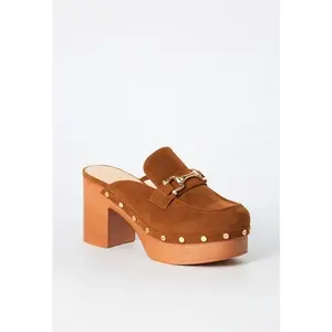 JUSTFAB Women's Vintage Retro Suede Block Heel Clog Mule - Chunky Slip-On PU Footwear with Gold Horsebit, Stylish Women's Shoe
