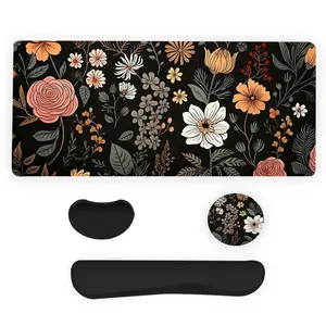 Boho Floral Pattern Desk Accessories Set, 4 Counts Including Mouse Pad & Keyboard Wrist Rest & Ergonomic Mouse Pad & Coaster, Desk Set, Desktop Accessory