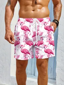 Men's Quick-Dry Beach Shorts, Flamingo Print Loose Swim Trunks, Suitable for Surfing, Pool, Vacation, Adjustable Drawstring, Swimming Shorts, Summer Swim Trunks, Swimwear Shorts