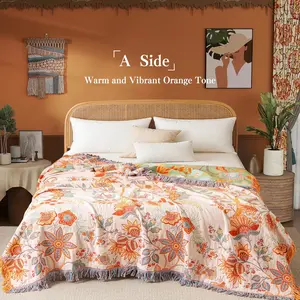 Boho Fall Throw Blanket for Bed,100% Ultra Cotton Soft Breathable Bed Throw Floral Printed Farmhouse Decor Rustic Bed Throws for Couch Sofa Quilt-Orange& Sage Green