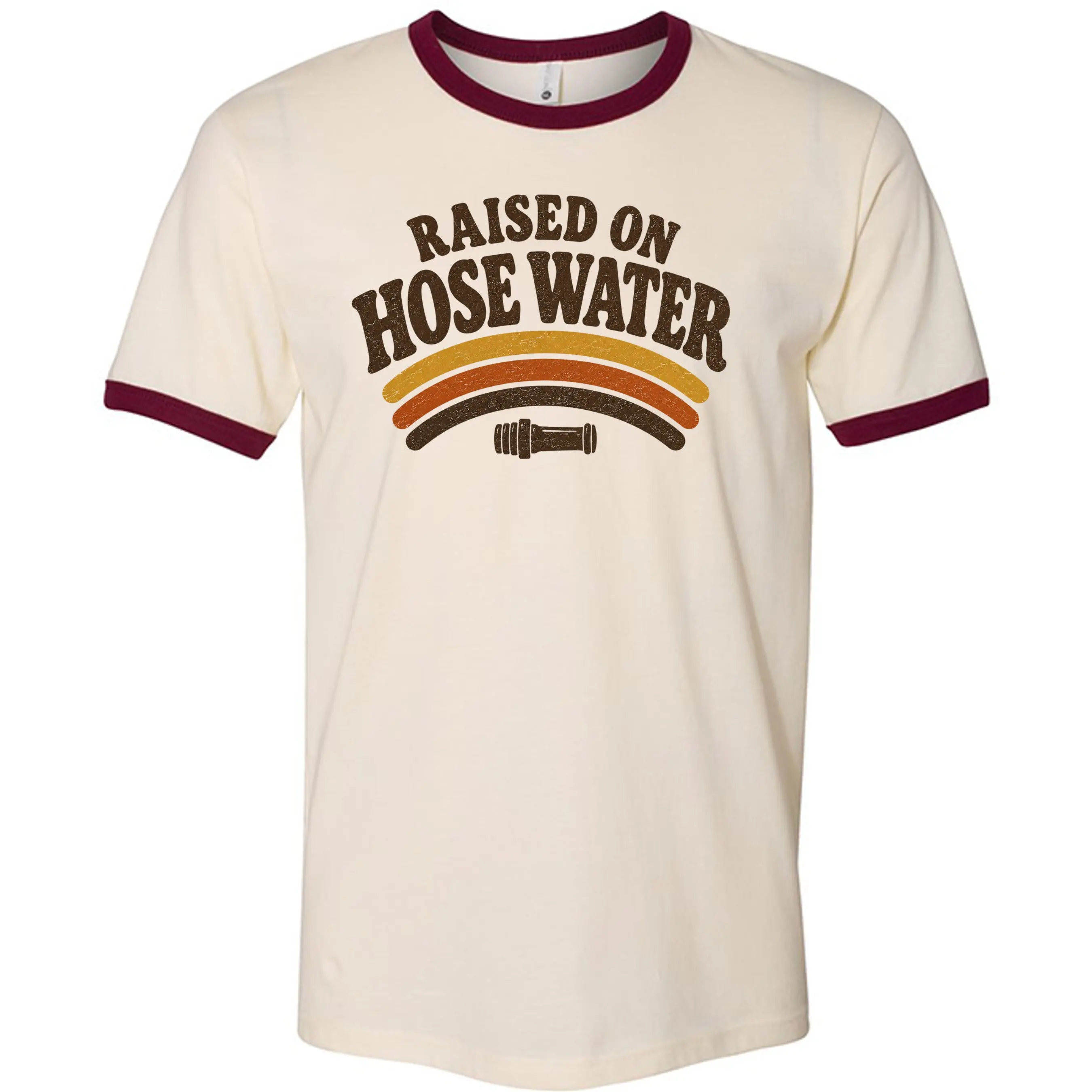 Men's Soft Distressed "Raised on Hose Water" Graphic Ringer Tee - Retro Round Neck Short-Sleeve Shirt, Next Level Menswear Top