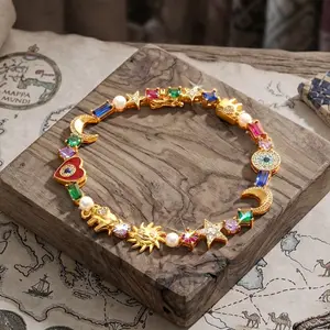 Zengliu 14K Gold Plated  High-grade CZ Charm Bracelet for Women - Evil Eye, Lucky Elephant & Moon Star Colorful Zircon Link Bracelet