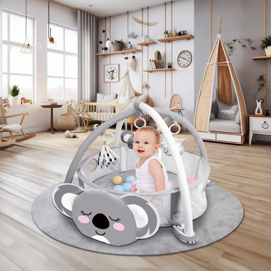 4-in-1 Multi-Use Baby Play Mat & Gym - Unisex Modern Foam Activity Center with 1 Play Mat, 1 Activity Arch Set, 30-Ball Pit, 5 Sensory Toys, Water Resistant, Easy to Clean for 0-3 Years Newborns (Baby Shower Gift)