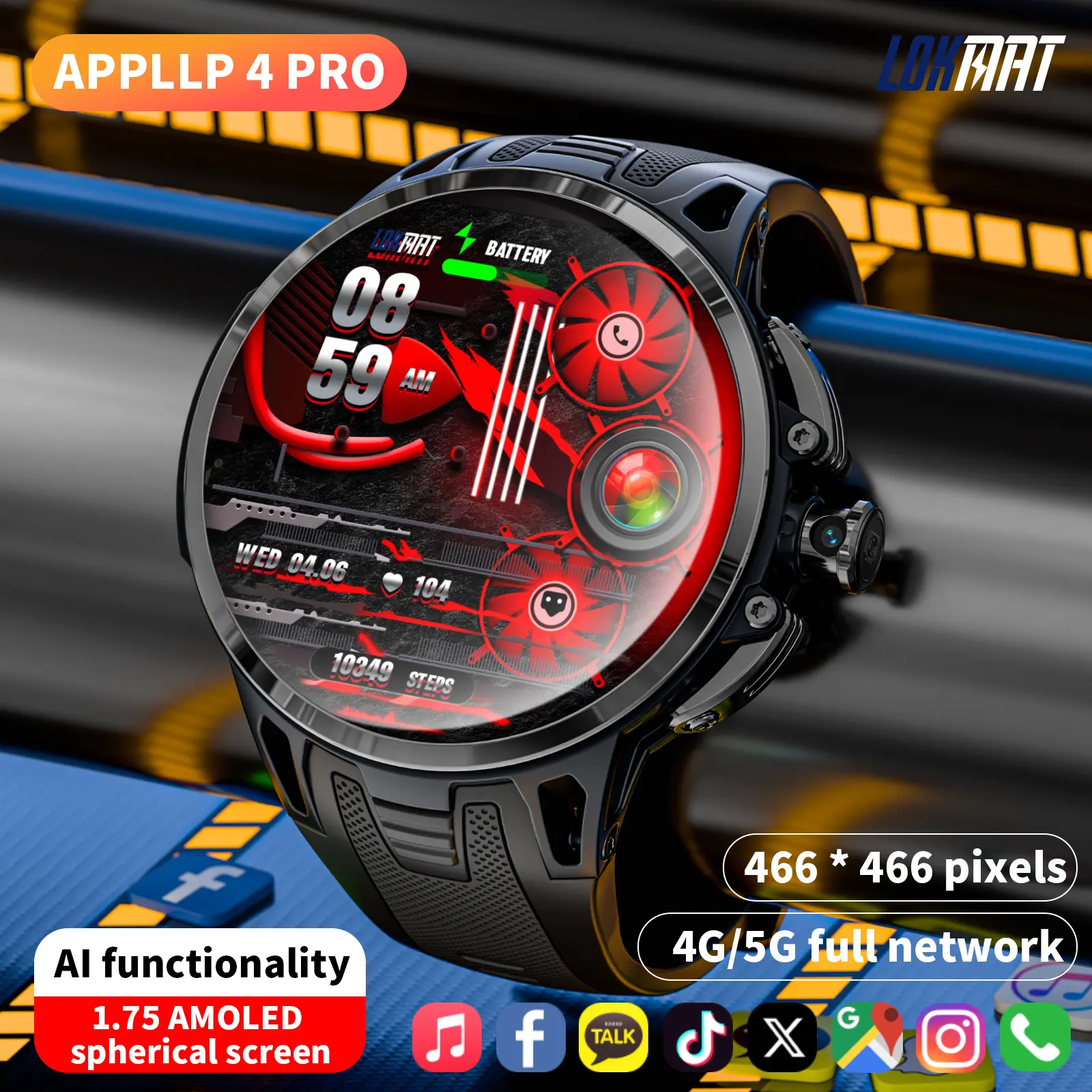 LOKMAT 4G Android Smart Watch, 1.75'' AMOLED Screen 3GB+32GB Sports Fitness Activity Tracker Smartwatch for Men Women, with SIM Card Slot, Rotating Camera, GPS NFC WiFi