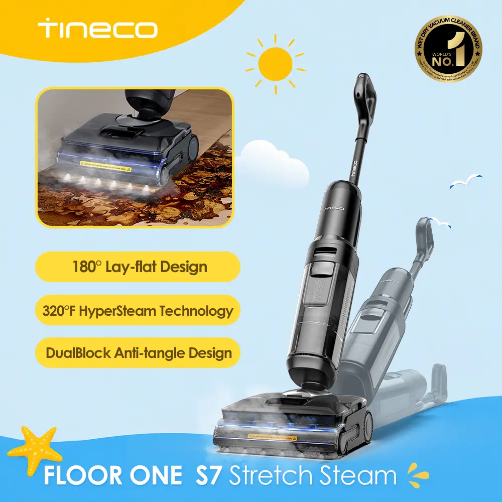 Tineco Floor One S7 Stretch Steam Cordless Wet Dry Vacuum Steam Mop All-in-One, 320℉ HyperSteam, 180° Lay-Flat, Anti-Tangle Design, FlashDry Self-Cleaning, Up to 75 Min Runtime, 320°F Hypersteam, Cordless Freedom
