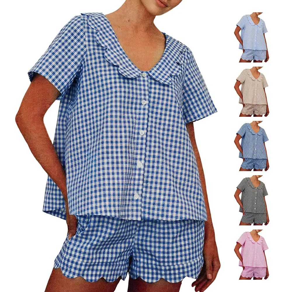 Arssm Womens Gingham Pajama Set Cotton 2 Piece Scalloped Edge Plaid Shirt Top Shorts Sleepwear Lounge Set