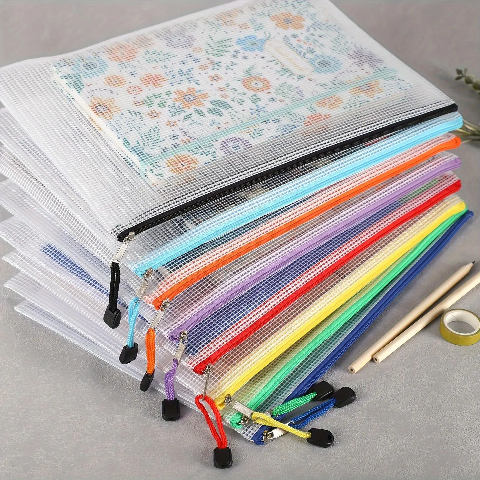 A4 Paper Mesh Zipper Pouch, 8 Counts/set Waterproof Zipper File Paper Stationery Bag, Sorting File Storage Bag for School Office Dormitory Home Outdoor, Paper Organizers
