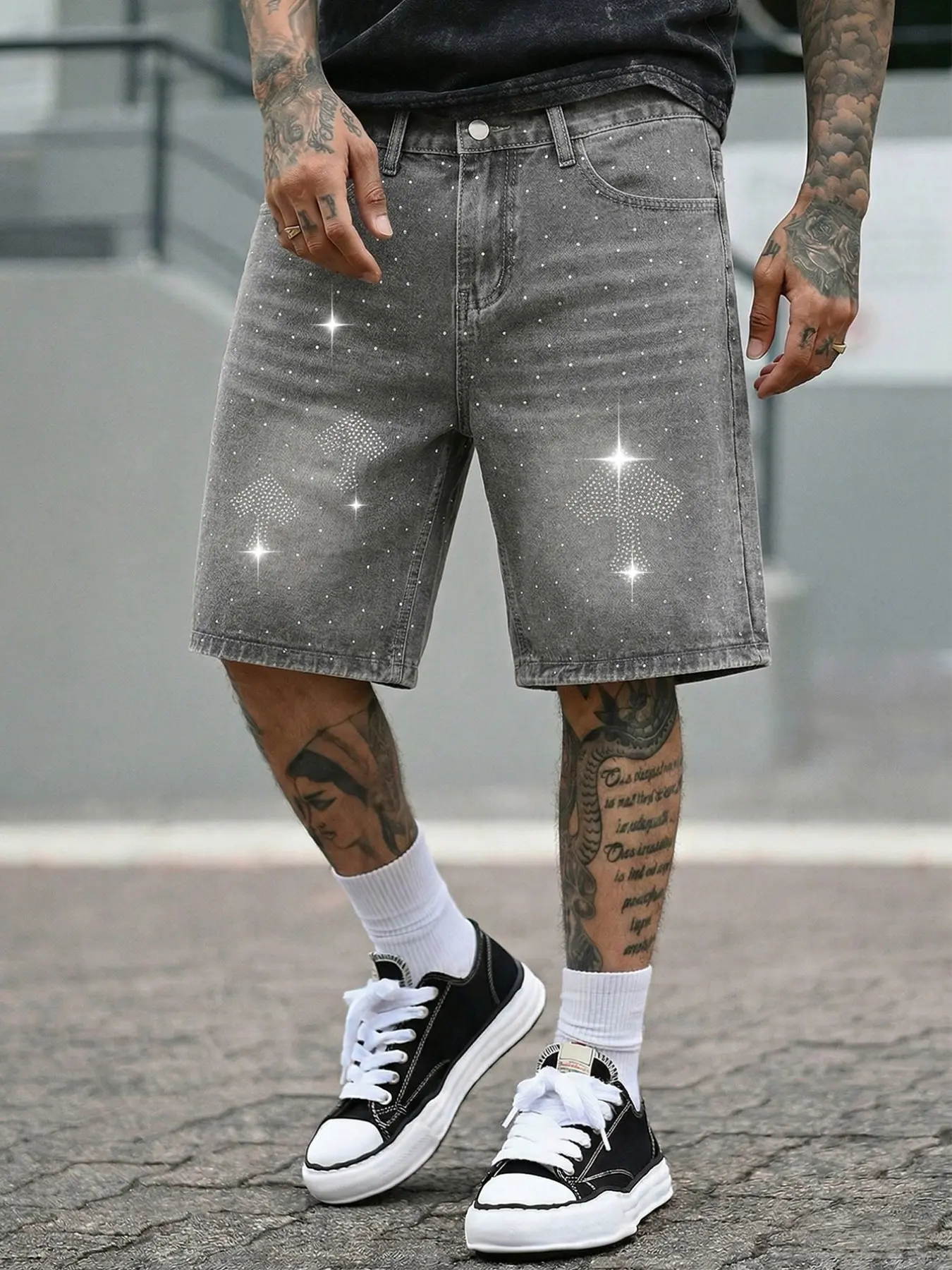 Men's summer light gray diamond-studded fitted denim Jean Jorts shorts, non-stretch with dazzling diamond decorative patterns, a versatile and eye-catching streetwear essential, suitable as a gift for husbands or boyfriends
