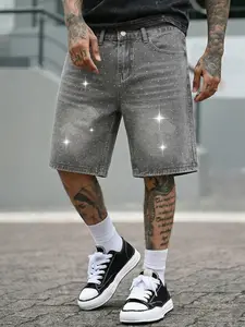 Men's summer light gray diamond-studded fitted denim shorts, non-stretch with dazzling diamond decorative patterns, a versatile and eye-catching streetwear essential, suitable as a gift for husbands or boyfriends