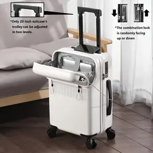 20 Inch Carry On Luggage, 20'' Travel Suitcase, Front Opening, with Spinner Wheels, ABS+PC Luggages with Password Lock, USB Port, Suitable for Daily Use, 801 White