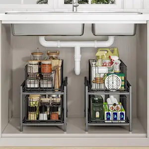 Under-Sink Organizers Pull-out Cabinet Wire Baskets Large Capacity Sturdy Drawer snack 2-Tier in Kitchen Bathroom Metal Black