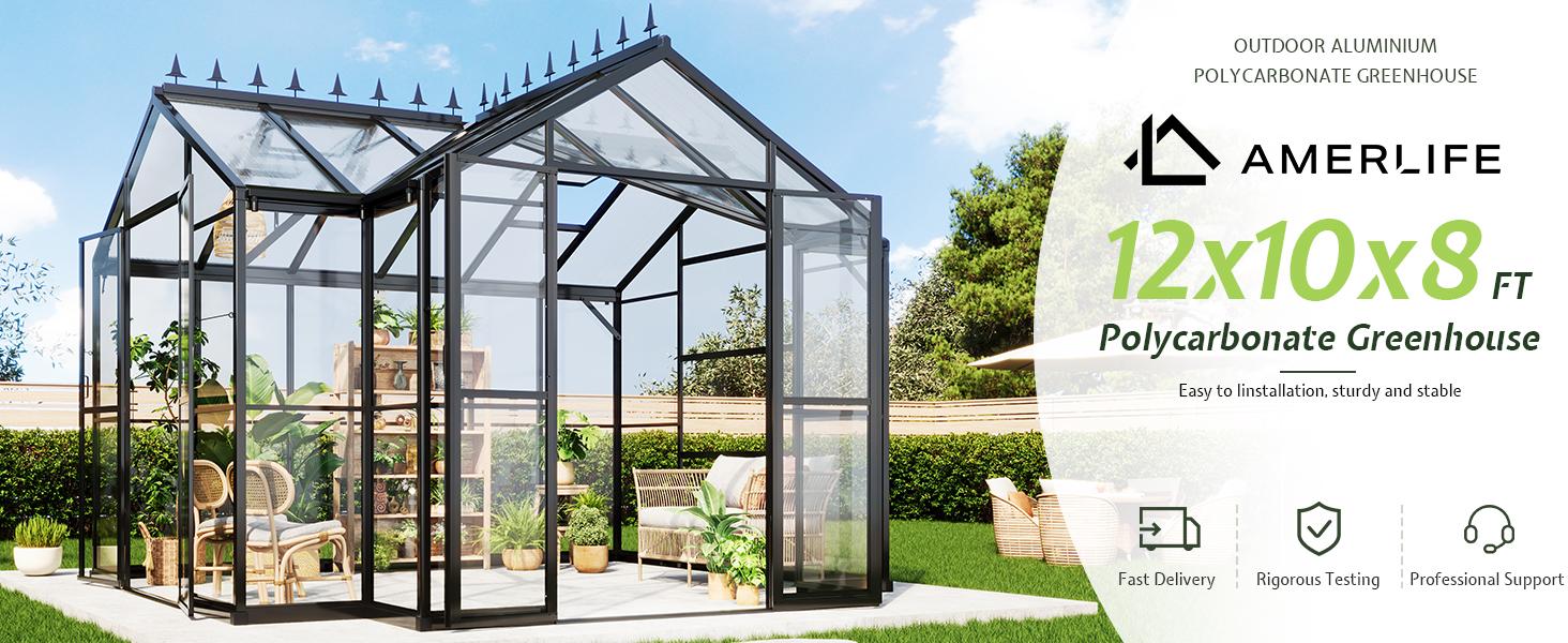 [Ships in 4 Boxes][Spring Sale] AMERLIFE Greenhouse for Outdoors, Quick-Lock Assembly, Aluminum Frame with 2 Vents, Doors, and Walk-in Design for Garden or Backyard