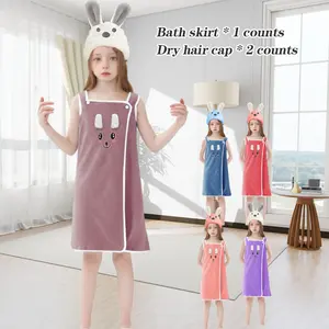 2pc Bunny Ears Rabbit Embroidery Design Set, Cute Bathrobe, Towel & Cap, Bathing, Soft Coral Fleece Fabric, Summer Wedding Gift for Girls, Home Bathroom Accessories