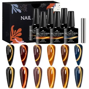MSRUIOO 7pcs Golden Magnetic Gel Nail Polish Set,  Reflective Cat Eye Nail Art Polish, Soak Off UV LED Varnish for Stunning Manicures, Lead-Free & Scent-Free, Gel Shine Finish