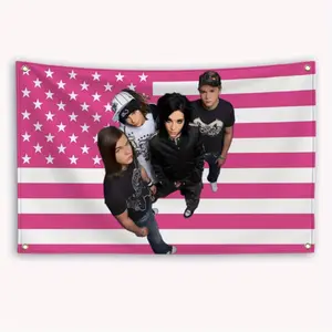 1pc Rock T-Tokio H-Hotel American Flag Banner - Bright Pink & White Patriotic Garage Flag with Dynamic Character Design, Indoor/Outdoor Decor for Bedroom, summervibes