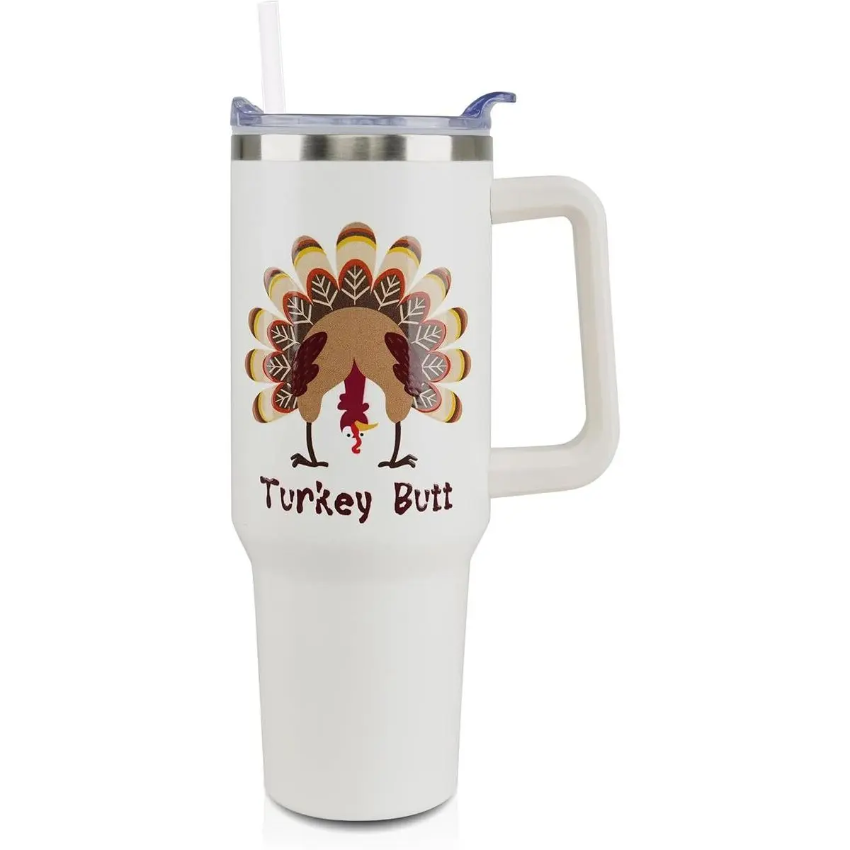 40 oz Portable Stainless Steel Insulated Turkey Tumbler - Reusable, Leak-Proof, Washable Water Bottle Mug with Lid, Handle, Straw - Women's Thanksgiving Kitchen Coffee Drinkware (Cream Brown)
