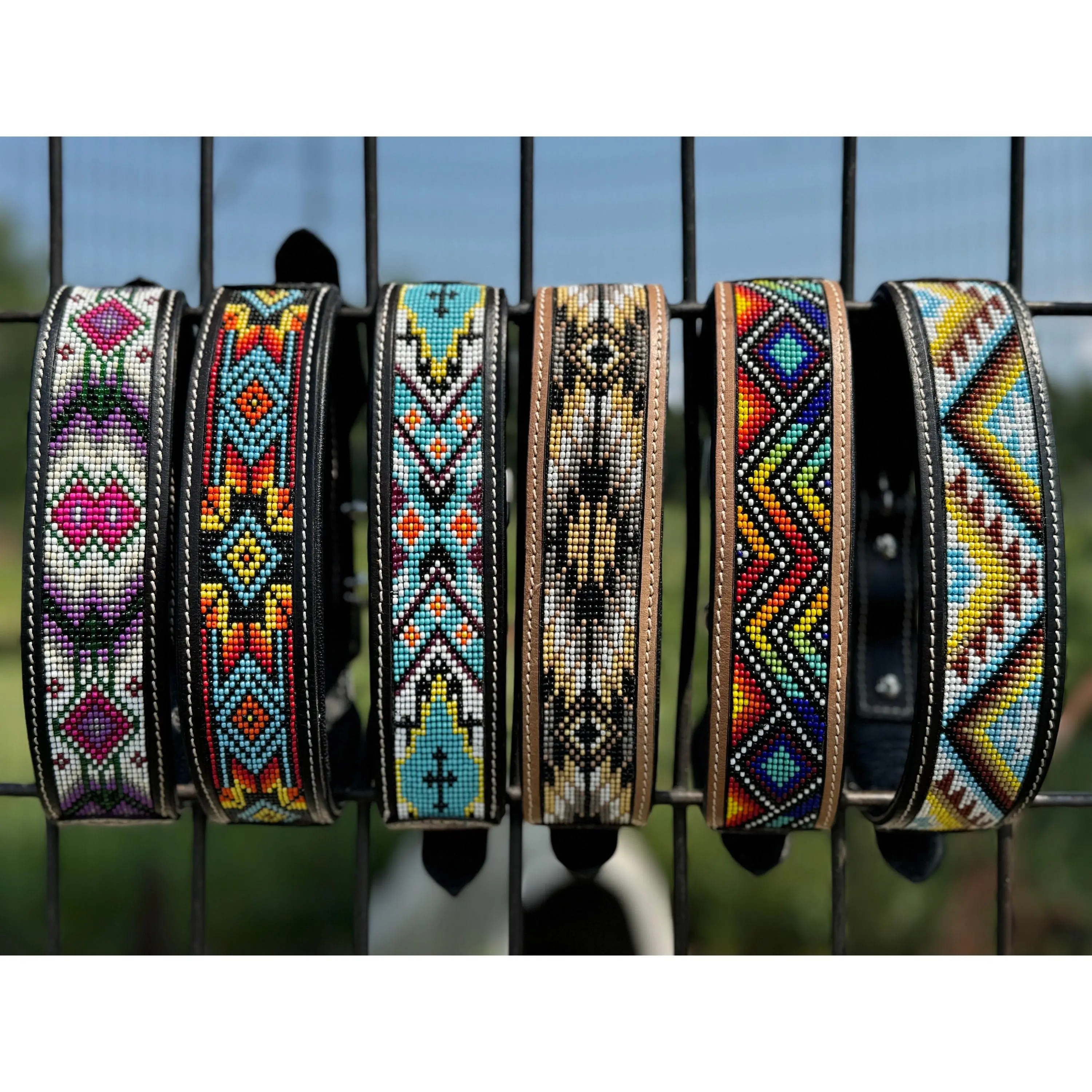 Western leather dog collar tooled and seed bead details by Double B Wild Rags