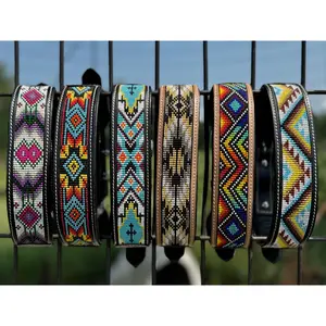 Western leather dog collar tooled and seed bead details by Double B Wild Rags