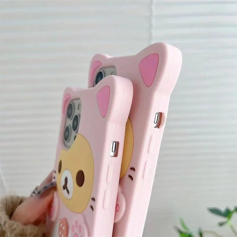 Cute Rilakkuma Bear Kitty Cat Paw Silicone Phone Case For iPhone 17 16 15 Pro Max 14 13 12 11 X Xs XR 7 8 Plus 6s 5s SE Cover Smartphone Shockproof with Accessories