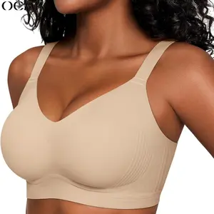 OEAK Women's Seamless Plus Bra Wireless Support Push Up Jelly Bra Comfort Full Coverage Plus Size Bras V Neck Sleep T-Shirt Everyday Bralettes