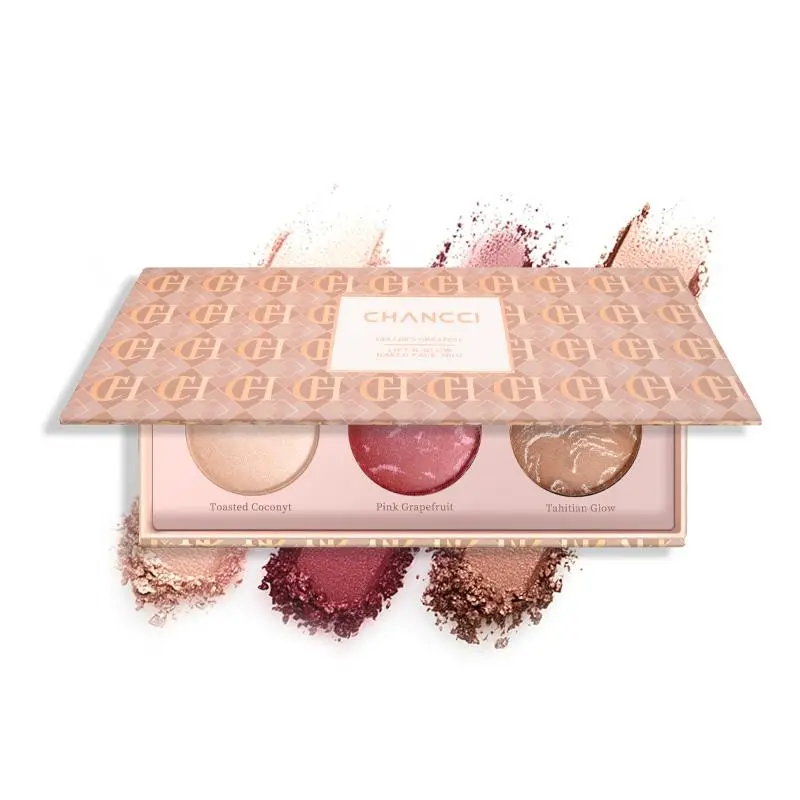 3 In 1 Blush Highlighter Contour Palette, Shimmery Face Makeup Powder Trio, Natural Glow Bronzer Cheek Highlight Compact