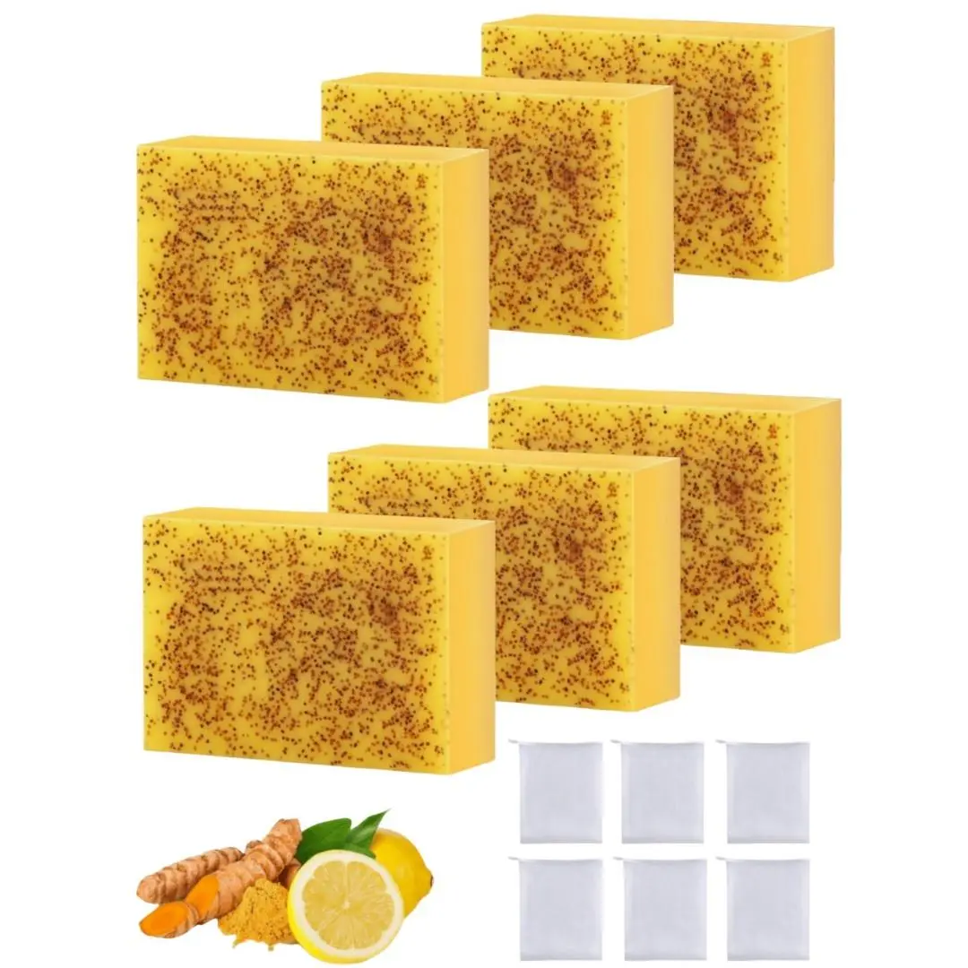 LMMAKE 6PCS Lemon Turmeric Kojic Acid Soap, Artisanal Handmade Body & Face Bar for Smoother Skin, Foaming Deep Cleanser & Nourishing Formula for All Skin Types, Body Care, Handmade Soap, Scented, Fresh And Clean