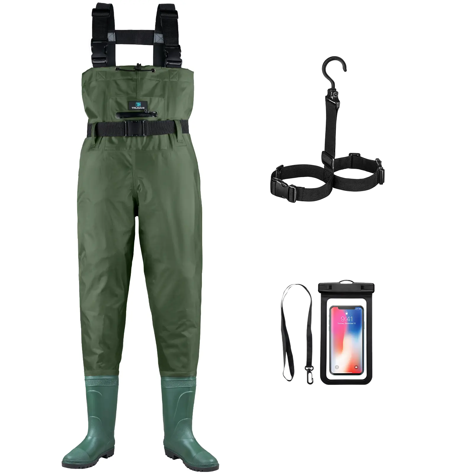 Trudave Chest Waders for Men with Boots, Fishing Waders for Women, Waterproof 2-Ply Nylon/PVC Bootfoot Wader Hook Keeper Pad Phone Carrier Bag Gravel Guards Breathable