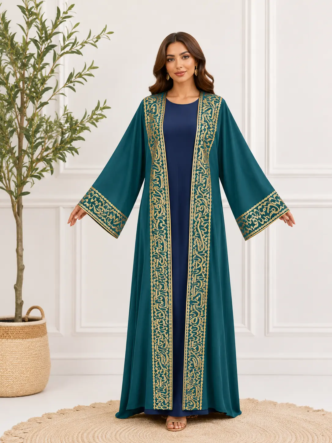 Women's Ramadan Collection Modest Muslim Outfits - 2-Piece Crepe Abaya Maxi Dress Set, Long Sleeve Round Neck Free-Size Bisht with Arabic Letter Embroidery, Casual Chic Elegant Dry Clean All-Season Wear