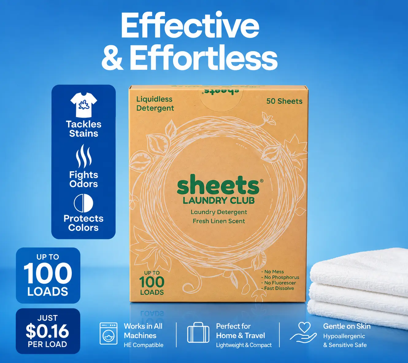 Sheets Laundry Club Liquidless Laundry Detergent Sheets – 50 Count, Up to 100Loads, Fresh Linen / Lavender / Free &amp; Clear, Eco-Friendly Plastic-Free LaundryCleaner