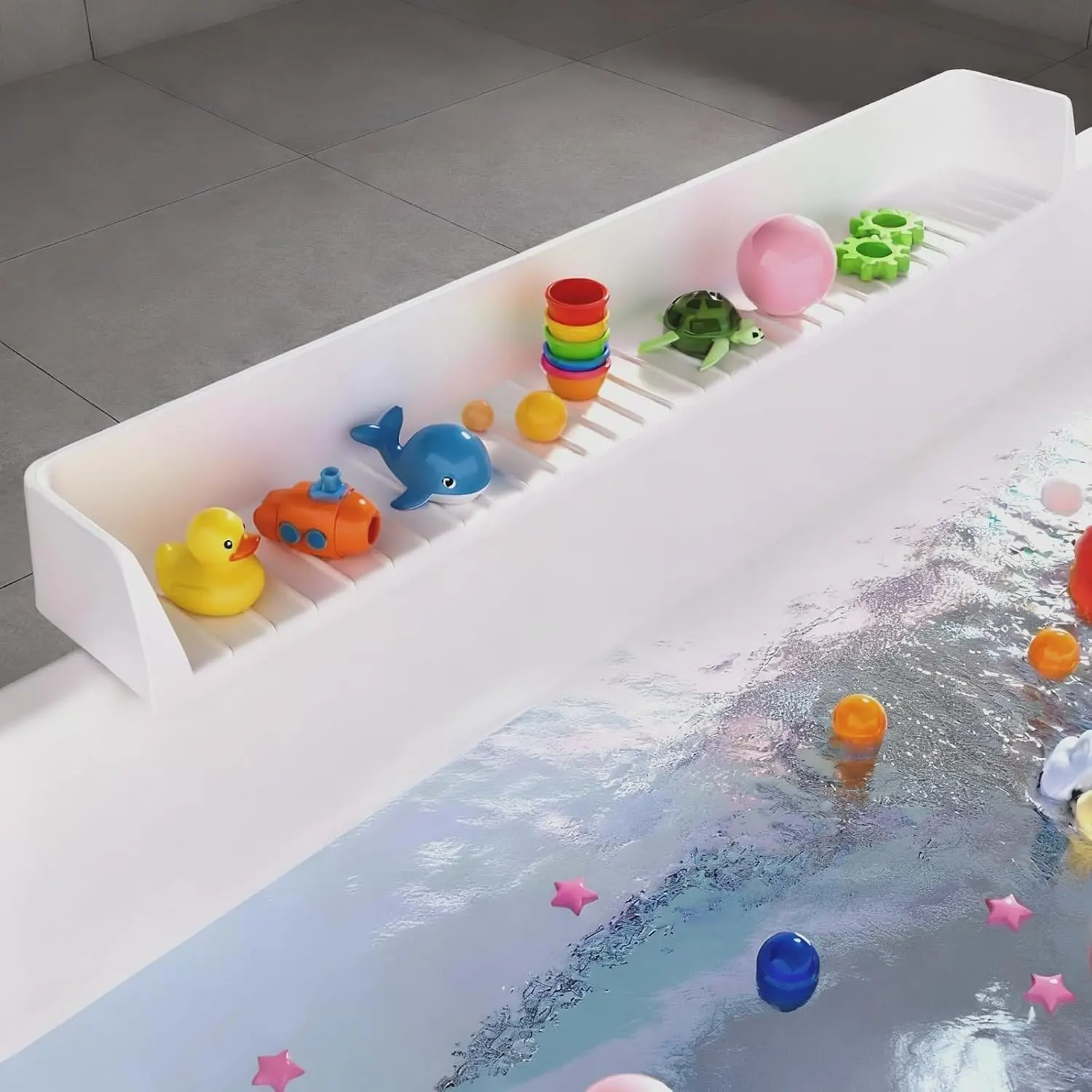 Light Grey Silicone Bathtub Splash Guard - 11 Suction Cups, 2.6ft Bathroom Gadget with Play Shelf & Toys Organizer, Waterproof Seal, Leak Proof, Foldable, Water Spill Prevention, Easy Cleaning