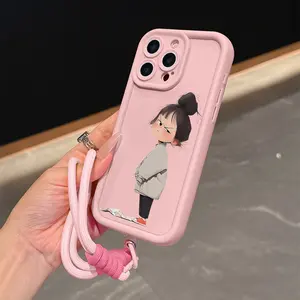 Set, 2-piece, pink phone case with lanyard and Angry Girl pattern, suitable for Apple 11/12/13/11/14/16/17/15/PRO/PROMAX/PLUS/Air and other phone models, a good choice for giving to girlfriends, boyfriends and girlfriends, and holiday gifts