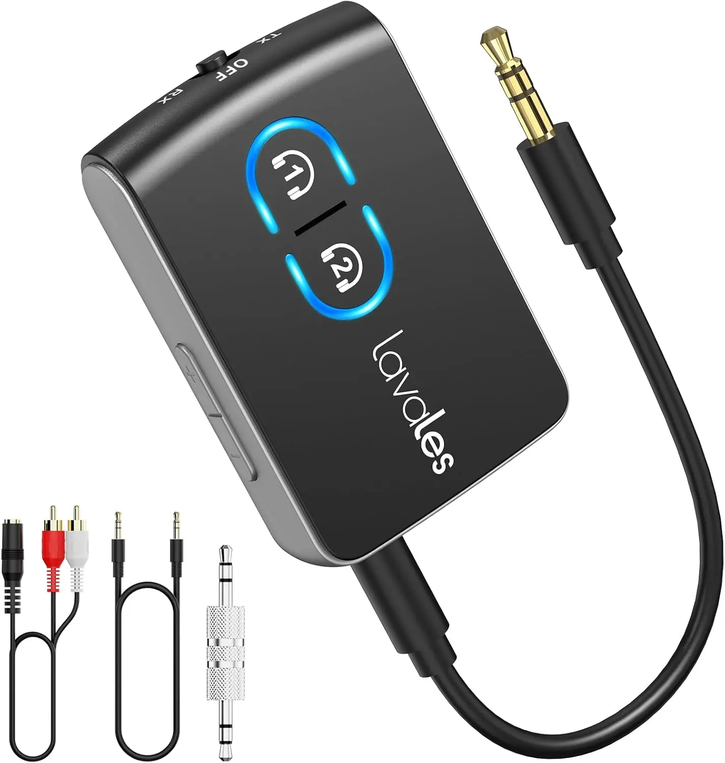 Bluetooth 5.3 Transmitter Receiver for TV Airplane to Wireless Headphones, Dual Link AptX Adaptive/LowLatency/HD Audio, 2-in-1 Bluetooth AUX Adapter for Home Stereo, Boat, Gym, MP3 wireless audio Button
