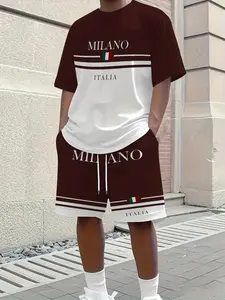 Men's 3D letter color block print casual fashion set, a two-piece set including a summer sporty crew neck short-sleeved top and drawstring shorts, suitable for outdoor and street wear.
