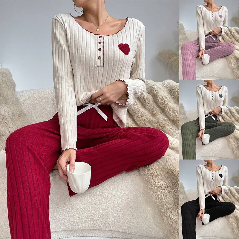 FEITAI 2pcs Women'S Ribbed Winter Warm Heart Pajama Set | Comfortable Home Leisure Sleepwear with Loose Ruffle Cuff Long Sleeve Top & Elastic Waist Pants | Elegant Holiday Wear & Perfect Gift Choice for Her