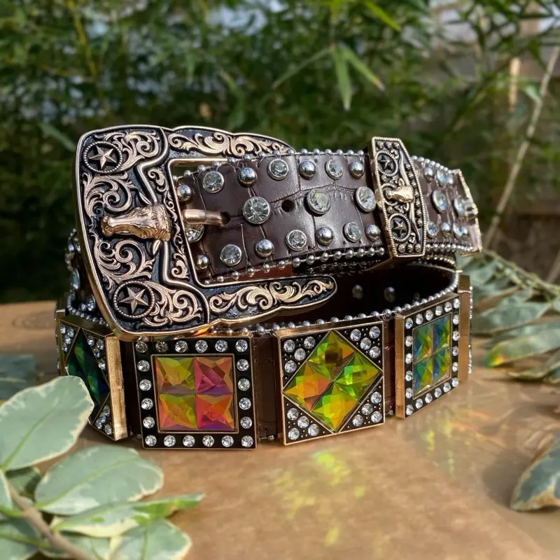 Rhinestone Color Changing Belt. Unisex Cowboy Rodeo Belt. Men’s Western Leather Belt. Brown Leather Belt. Cinto Vaquero De Piedra.
