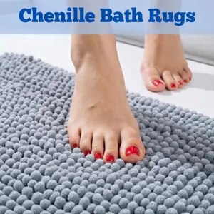 Chenille Bathroom Luxury Rugs Non-Slip Bath Mat 24"x17", Washable Soft Shower Mat, for Bathroom Floor & Tub Fluffy Shag Bath Rugs, Durable Thick Water Absorbent Microfiber Shower Rugs, Sky Gray
