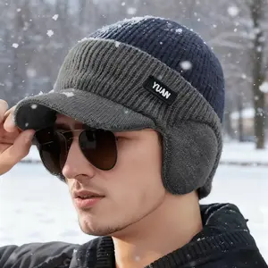 Men's Winter Ear-Protecting Knitted Cap with Fleece Warm Duckbill Hat for Outdoor Youth Cycling in Color-Block Design