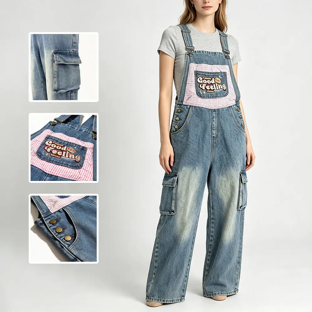 Women‘s Baggy Denim Overalls Washed Distressed Denim Jumpsuits for Women Embroidery Sleeveless Wide Leg Jean Jumpsuit
